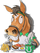 Cartoon of racehorse eating a cooked breakfast